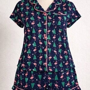 Women's Christmas Flamingo Pajama Set – Short Sleeve Button-Up & Shorts – Size L